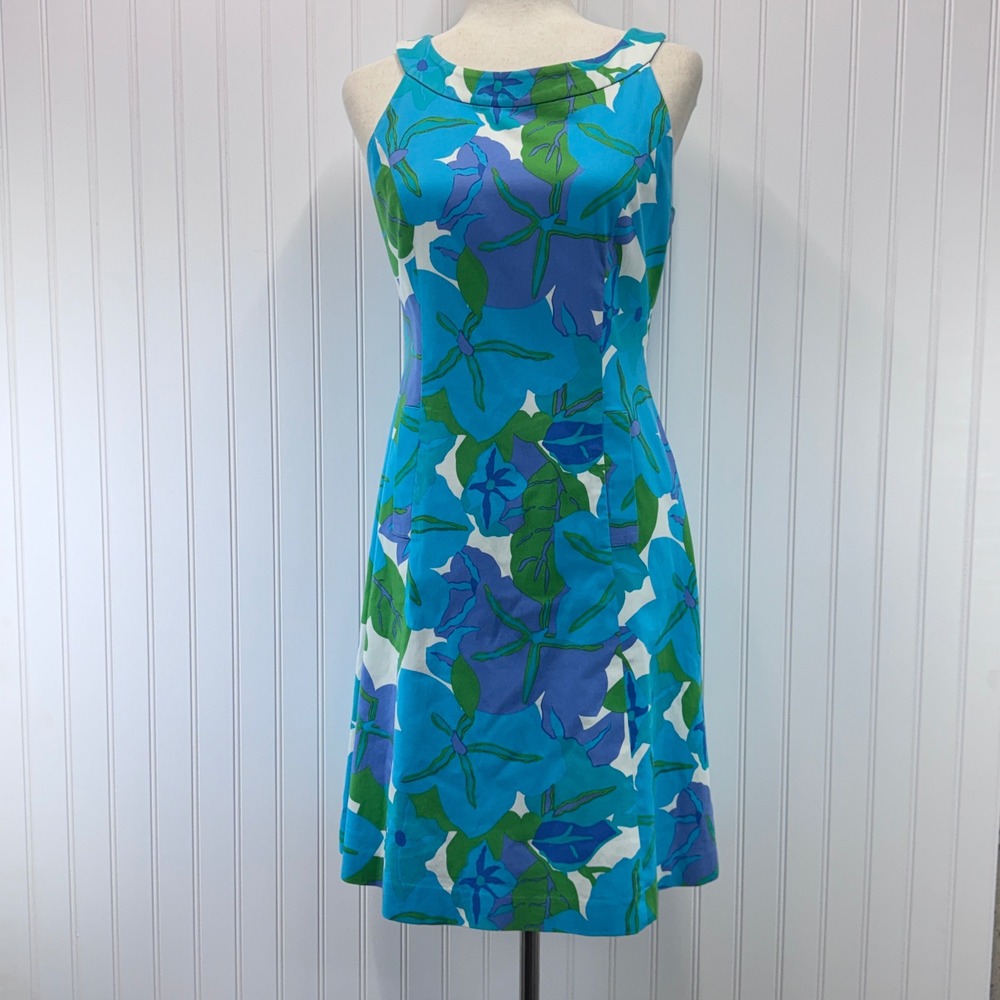 Talbots Floral Sheath Dress Women 4 Blue Green Sleeveless Mod Retro Garden Party